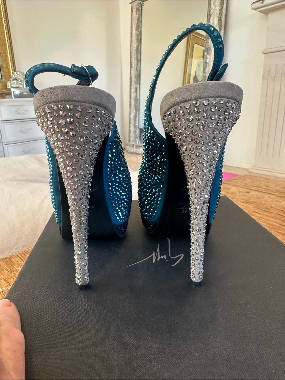 Giuseppe Zanotti Laguna/silver Swarovski Crystal Slingback Platform Heels 38.5 - Picture 6 of 12